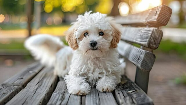 A small fluffy dog lounges on a wooden bench, soaking in the sun during a pleasant afternoon at the park