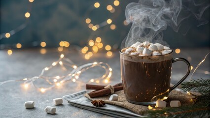 Warm Hot Chocolate with Marshmallows Cozy Winter Composition, bokeh lights, steaming mug, Christmas, Hot Cocoa Christmas, Hot Chocolate