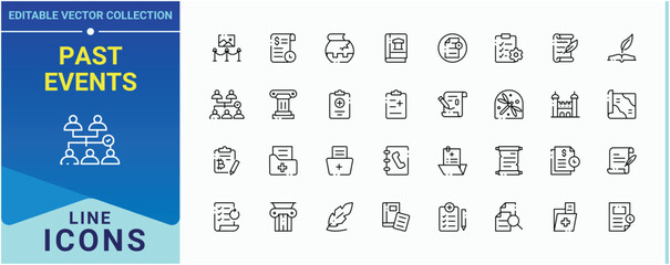 Past Events icon set. Pictograms of document, record, museum, historical. History icon set. Web icons pack. Editable vector art and illustration.