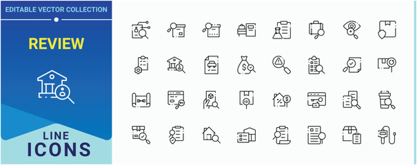 Review linear icon set. Related to check, survey, quality, inspector, approve, research and more. Inspection icon. Minimal linear icons. Editable stroke. Vector collection.
