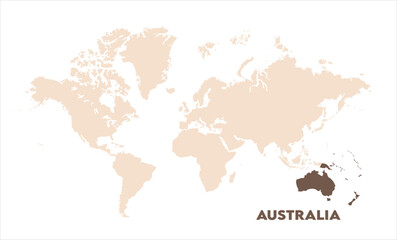 Australia highlighted on world map-06, Map of Australia, highlighted on the world map, Australia on the world map, Satellite view, Australia location on the globe.