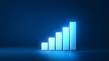 Ascending bar graph glowing with a blue hue against a dark blue background representing growth trend