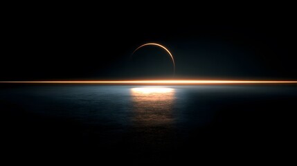 Glowing horizon line with reflection and dark eclipse in a dark and mysterious atmosphere scene