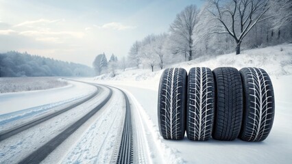 Winter Road Safety Three Snow Tires on Snowy Landscape, Winter Driving, Tire Tread Winter tires, snow tires