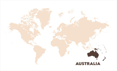 Australia highlighted on world map-12, Map of Australia, highlighted on the world map, Australia on the world map, Satellite view, Australia location on the globe.