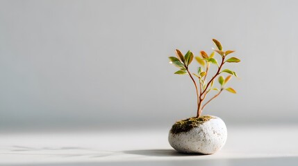 Small plant with green and yellow leaves in a white stone pot on a white surface against a gray background
