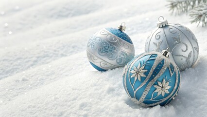 Winter Wonderland Blue and Silver Christmas Ornaments in Snow, Festive Decoration, Holiday Season Christmas, Ornament