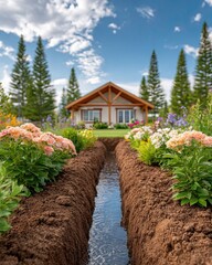 Below-ground drainage system, A beautiful garden pathway leading to a charming house. Below-ground drainage systems for infrastructure and landscape