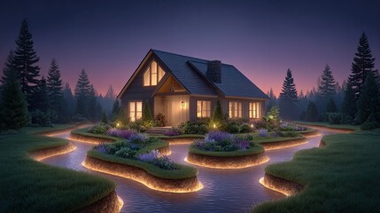 Below-ground drainage system, A cozy home illuminated by glowing pathways in a serene landscape. Below-ground drainage systems for infrastructure and landscape