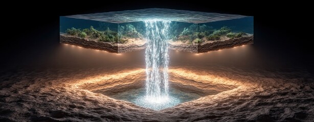 Below-ground drainage system, A captivating visual of water cascading through a surreal landscape. Below-ground drainage systems for infrastructure and landscape