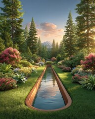 Below-ground drainage system, A serene garden with blooming flowers and a tranquil stream. Below-ground drainage systems for infrastructure and landscape