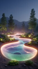 Below-ground drainage system, A serene glowing river winding through lush forest at dusk. Below-ground drainage systems for infrastructure and landscape
