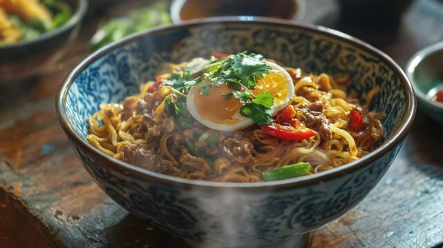 Mee pok in dish on the table with smoke around