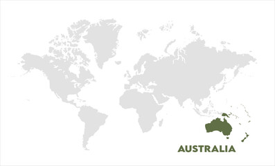 Australia in world map-06, Map of Australia, highlighted on the world map, Australia on the world map, Satellite view, Australia location on the globe.