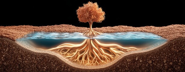 Below-ground drainage system, A tree with visible roots growing from a vibrant pool of water. Below-ground drainage systems for infrastructure and landscape