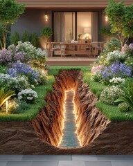 Below-ground drainage system, A vibrant garden featuring flowers and a glowing stream. Below-ground drainage systems for infrastructure and landscape