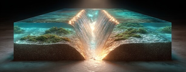 Below-ground drainage system, Surreal landscape with cascading water glowing in the abyss. Below-ground drainage systems for infrastructure and landscape