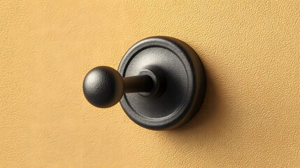 A close up of a black metal coat hook mounted on a textured yellow wall in a well lit interior space