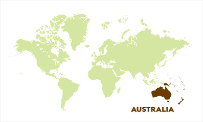 Interactive world map with Australia focus-01, Map of Australia, highlighted on the world map, Australia on the world map, Satellite view, Australia location on the globe.