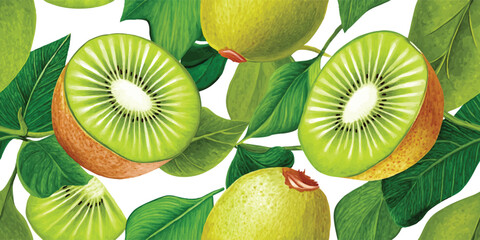 Vibrant Green Kiwi Fruit and Leaves Seamless Pattern. Fresh Tropical Botanical Design for trendy design, textile, packaging, fabric, wallpaper, branding, stationery, wrapping paper interior decor