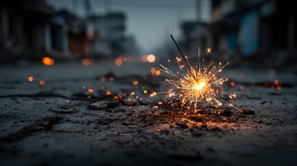 A sparkler burning brightly on a cracked pavement in a blurred urban environment at night time