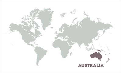 Minimalist Australia map-02, Map of Australia, highlighted on the world map, Australia on the world map, Satellite view, Australia location on the globe.