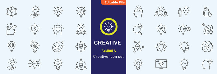 Creative idea line icon set. Innovation, lightbulb, solution, inspiration etc. Editable stroke
