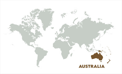 Minimalist Australia map-04, Map of Australia, highlighted on the world map, Australia on the world map, Satellite view, Australia location on the globe.