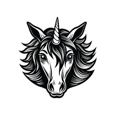 Fototapeta premium Majestic Unicorn Head Silhouette – Black and White Fantasy Vector