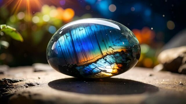 Polished labradorite stone resting on wooden surface with refracted light, iridescent colors of blue, gold, and black in nature background.