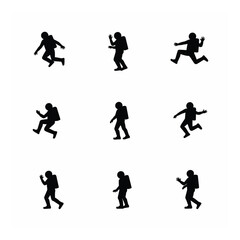 Naklejka premium Nine astronaut silhouettes in various poses spacewalk set