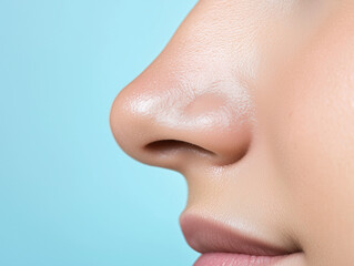 Close up view of a woman's nose on a blue background.