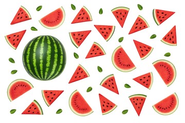 A whole watermelon and slices isolated on white background
