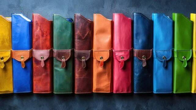 Row of colorful leather cases