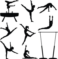 Dynamic Gymnastics Silhouettes Collection: Athletes in Various Poses on Vault, Bars, and Floor for Sport, Fitness, and Training Graphics