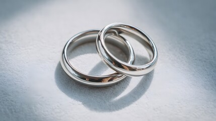 Close up shot showcasing two intertwined silver wedding bands on a reflective surface with soft lighting
