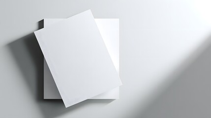 A minimalist composition featuring two blank white sheets of paper with subtle shadows on a white surface