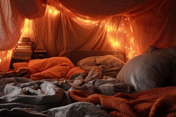 Cozy bedroom fort with warm lights