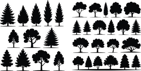 Comprehensive Tree Silhouettes Collection: Diverse Coniferous and Deciduous Varieties for Nature, Landscape, Forest, and Park Design Graphics
