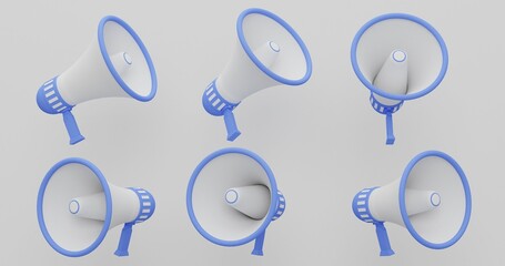 Blue Megaphone Group Displayed from Top View, Loudspeaker Icons for Social Awareness and Advertisement Purposes, Suitable for Digital Campaigns and Media Messages, 3D Render