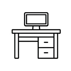 Modern Computer Desk Outline Icon on White Background