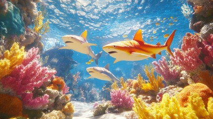 Obraz premium Vibrant Coral Reef with Sharks Underwater