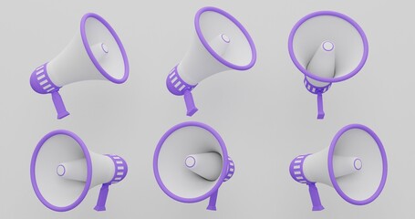 Purple Megaphone Variants Floating on Light Surface, Bold Loudspeakers for Announcement and Branding Concepts, Useful for Event Alerts and Promotions, 3D Render