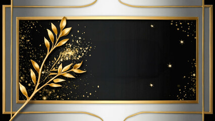 Artistic frame with sparkling gold laurels on dark background offers space for text or design.