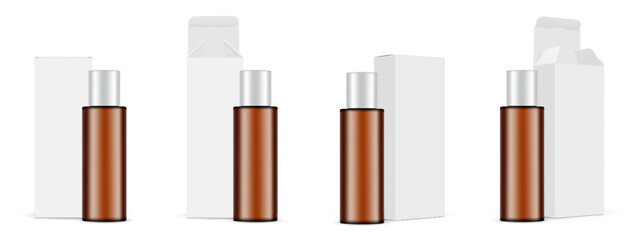 Set Of Amber Plastic Cosmetic Bottles With Paper Boxes. Blank Packaging Mockup, Front And Side View, Opened And Closed Lid, Isolated On White Background. Vector Illustration