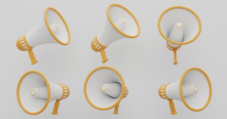 Yellow Megaphone Devices Isolated on Bright Background, Promotional Sound Equipment for Advertising and Crowd Engagement, Ideal for Event Marketing and Alerts, 3D Render