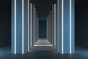 Dark, modern hallway with glowing lines