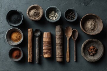 Spices and herbs arranged in small bowls and wooden utensils on a dark surface