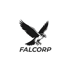 Fototapeta premium Stylized falcon flying logo with sharp edges and italic font saying ‘FALCORP’, clean vector on white background.