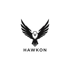 Obraz premium Stylized hawk icon logo with sharp wings and modern text ‘HAWKON’, clean vector logo on white background.